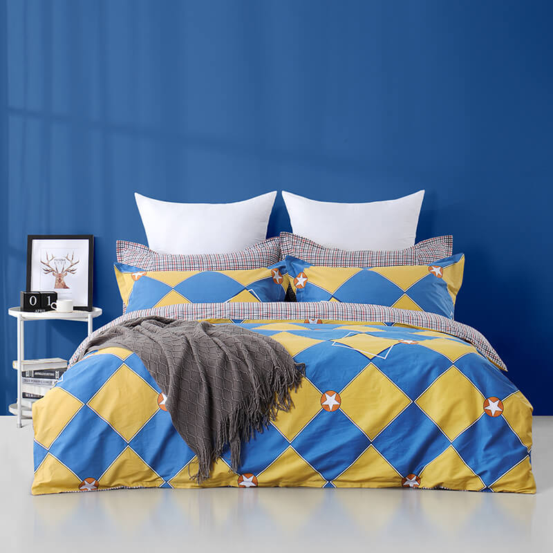 RKSB-0042 Blue and Yellow Poke Printed Duvet Cover Bed Sheet Set 100% Cotton Natural Material