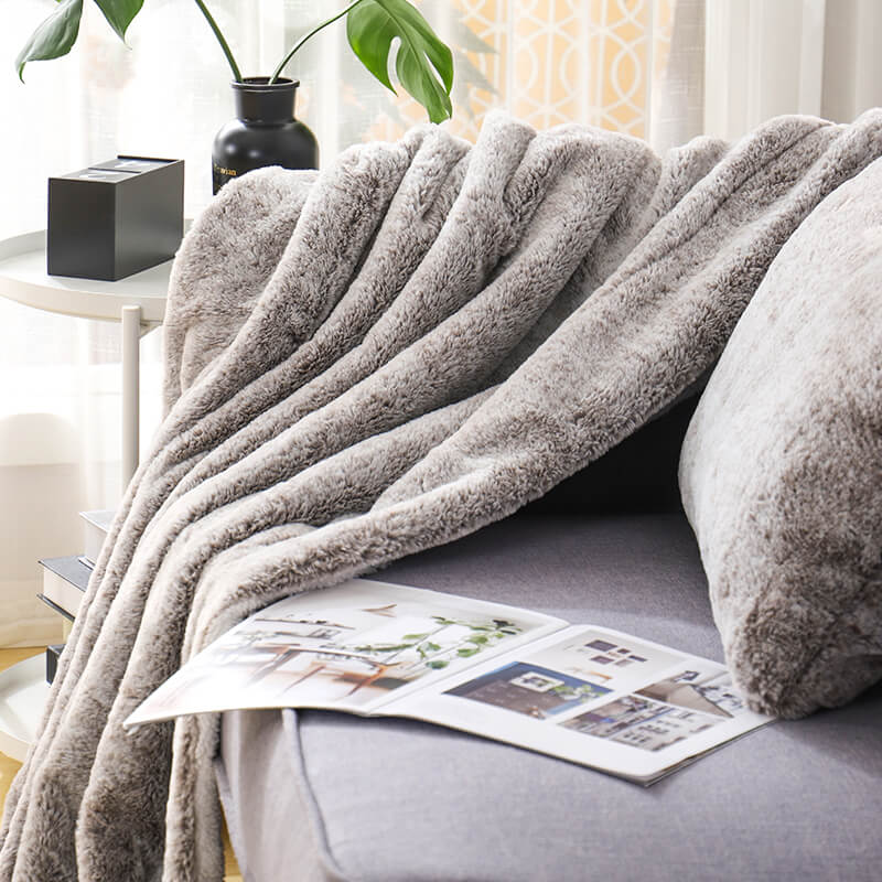 RKS-0037 Grey Fuzzy Faux Fur Chinchilla Long Blush Throw Blanket With Cushion From Manufacturer