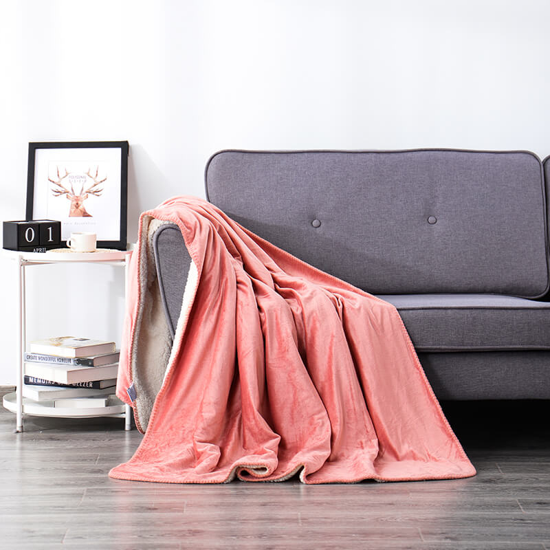 RKS-0164 Cozy Solid Pink Color Flannel Sherpa Blanket Throw for Sofa 